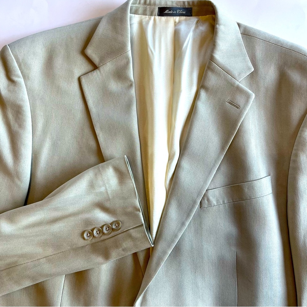 Oscar De La Renta Men's 44L 100% Silk Sport Coat Beige Herringbone Blazer